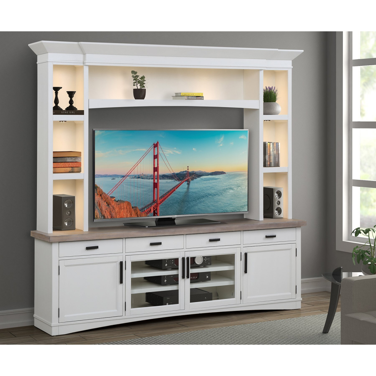 Americana Modern – Cotton 92 In. Tv Console With Hutch And Led Lights Entertainment Stands Parker House 4