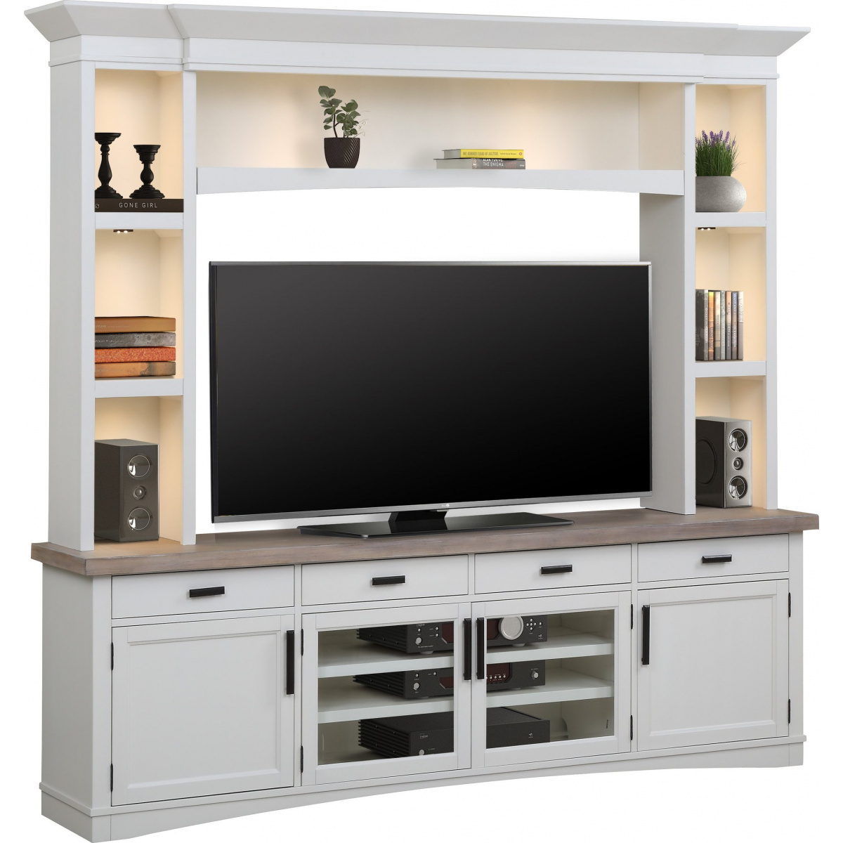 Americana Modern – Cotton 92 In. Tv Console With Hutch And Led Lights Entertainment Stands Parker House 3