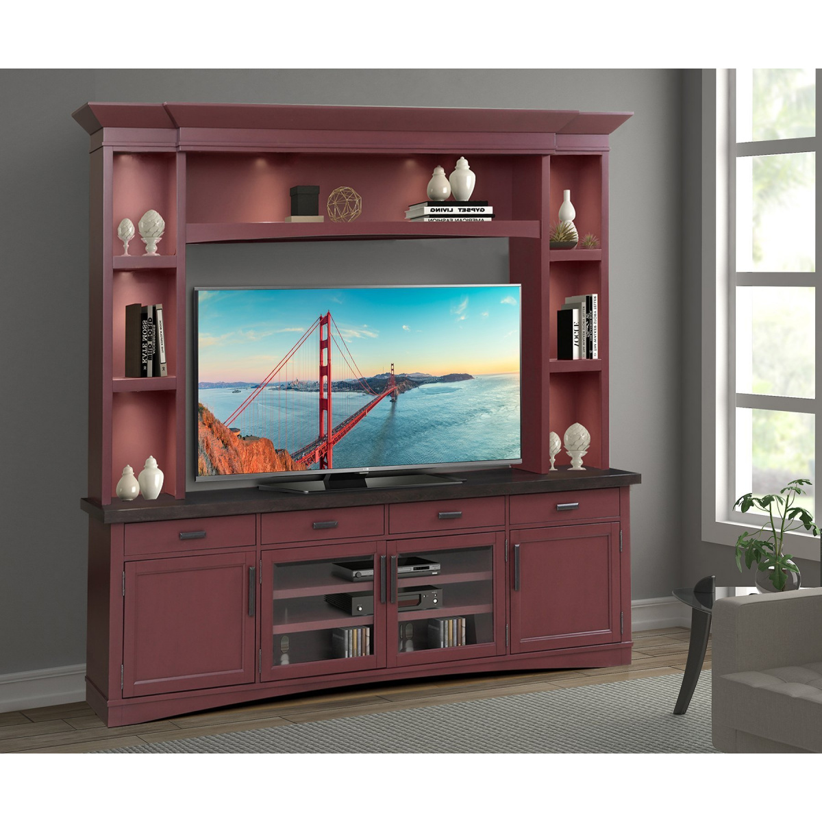 Americana Modern – Cranberry 92 In. Tv Console With Hutch And Led Lights Entertainment Stands Parker House 2