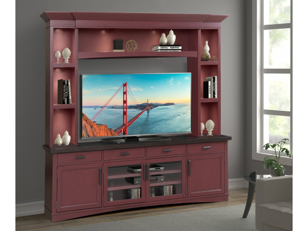 Americana Modern – Cranberry 92 In. Tv Console With Hutch And Led Lights Entertainment Stands Parker House