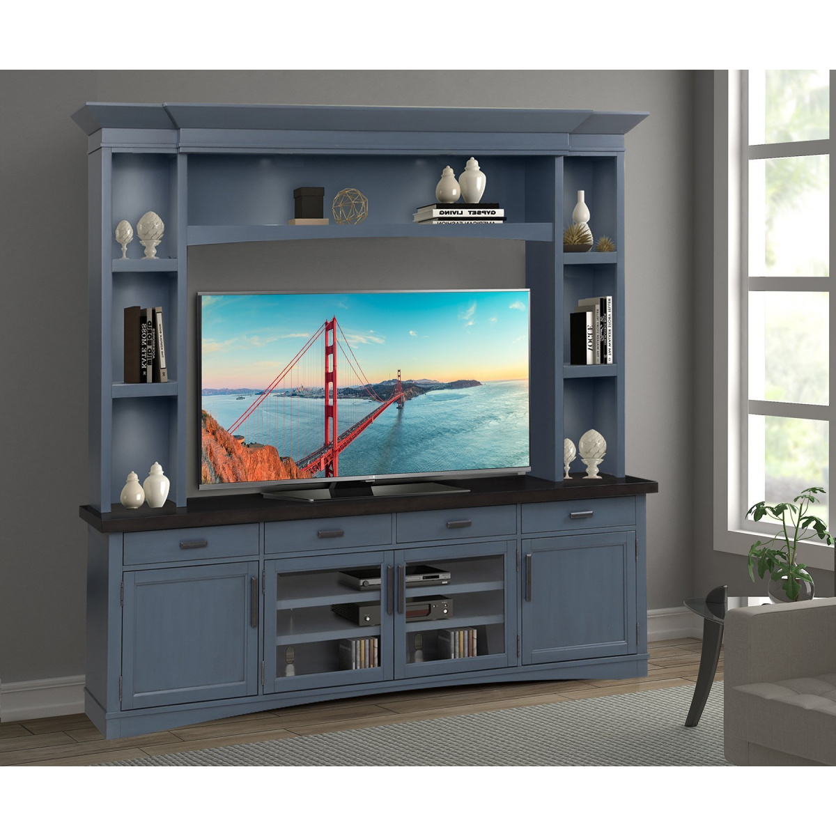 Americana Modern – Denim 92 In. Tv Console With Hutch And Led Lights Entertainment Stands Parker House 2