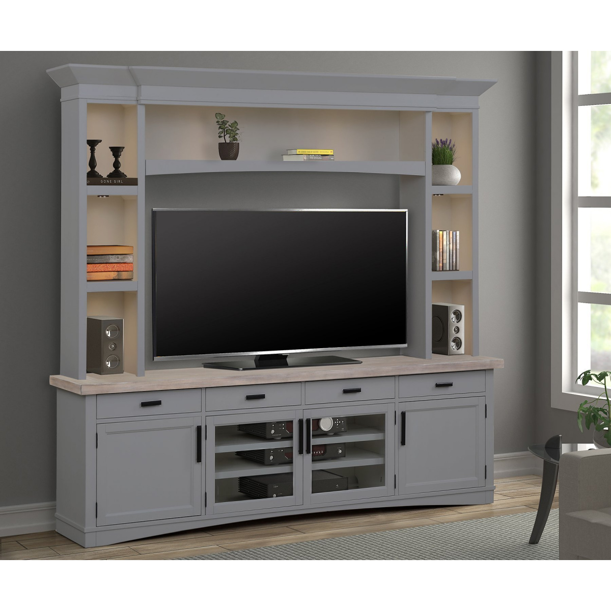 Americana Modern – Dove 92 In. Tv Console With Hutch And Led Lights Entertainment Stands Parker House 3