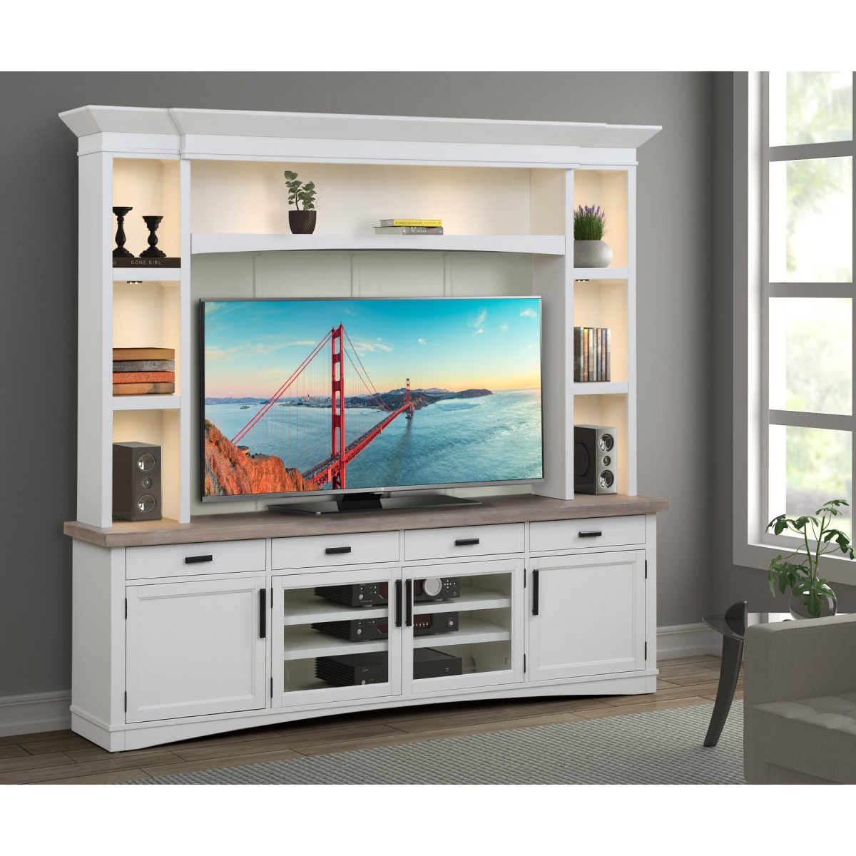 Americana Modern – Cotton 92 In. Tv Console With Hutch, Backpanel And Led Lights Entertainment Stands Parker House 2