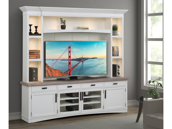 Americana Modern – Cotton 92 In. Tv Console With Hutch, Backpanel And Led Lights Entertainment Stands Parker House
