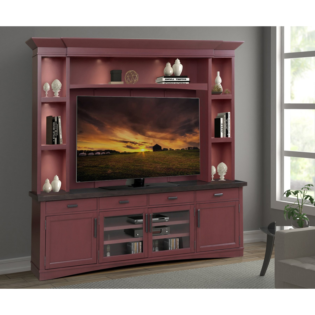 Americana Modern – Cranberry 92 In. Tv Console With Hutch, Backpanel And Led Lights Entertainment Stands Parker House 2