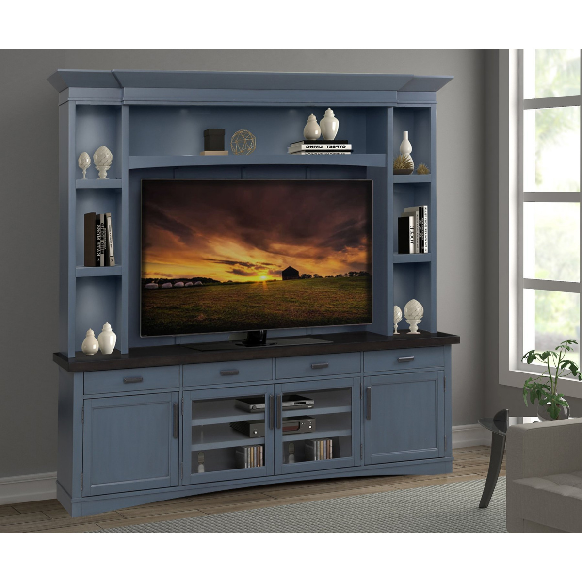 Americana Modern – Denim 92 In. Tv Console With Hutch, Backpanel And Led Lights Entertainment Stands Parker House 2