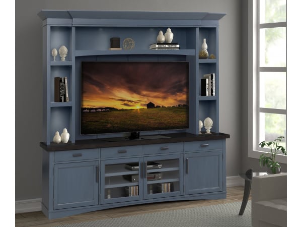 Americana Modern – Denim 92 In. Tv Console With Hutch, Backpanel And Led Lights Entertainment Stands Parker House
