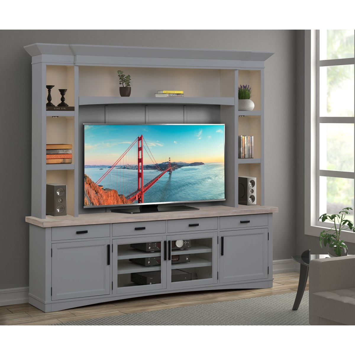 Americana Modern – Dove 92 In. Tv Console With Hutch, Backpanel And Led Lights Entertainment Stands Parker House 2