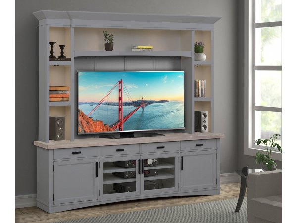 Americana Modern – Dove 92 In. Tv Console With Hutch, Backpanel And Led Lights Entertainment Stands Parker House